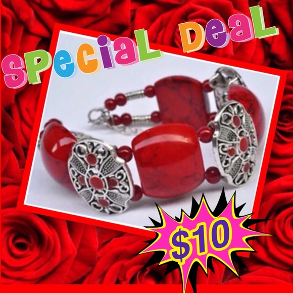 🌹NEW SILVER & RED Bead Bangle w/Chain Bra - Picture 5 of 6